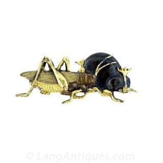 Antique Shakudo Cricket with Gourd Brooch Main View