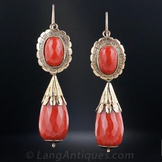 Antique Sicilian Coral and Gold Drop Earrings