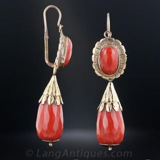 Antique Sicilian Coral and Gold Drop Earrings