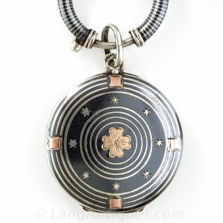 Antique Silver Niello and Rose Gold Locket and Chain