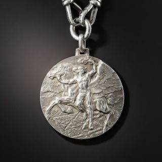 Antique Silver Watch Chain Necklace w/ Fiera Milano Medal