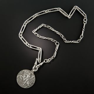 Antique Silver Watch Chain Necklace w/ Fiera Milano Medal - 4