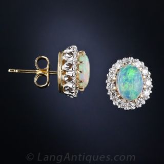 Antique Style 18k Opal and Diamond Cluster Earrings