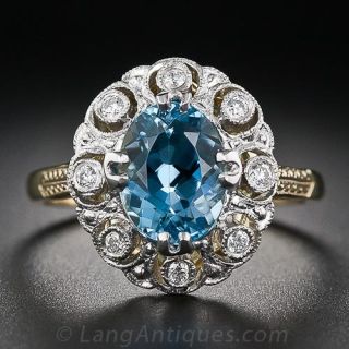 Antique Style Aquamarine, Platinum and 18K Gold Ring - 1