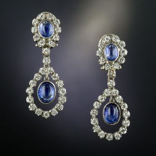 Antique Style Cabochon Sapphire and Diamond Drop Earrings - 2