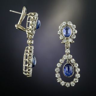 Antique Style Cabochon Sapphire and Diamond Drop Earrings
