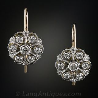 Antique Style Diamond Cluster Drop Earrings