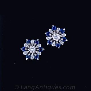 Antique Style Diamond   Sapphire Stud Earrings Main View