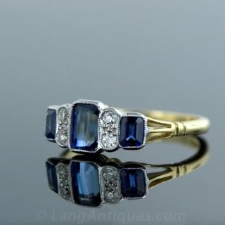 Antique Style Emerald Cut Sapphire and Diamond Ring