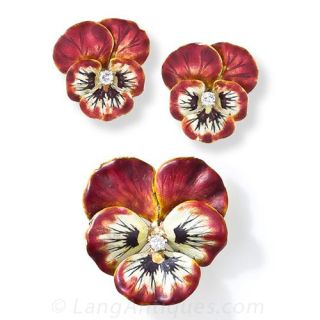 Antique Style Enamel Pansy Pin and Earring Suite