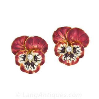 Antique Style Enamel Pansy Pin and Earring Suite