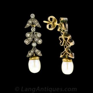 Antique Style Freshwater Pearl and Diamond Drop Earrings