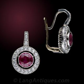 Antique Style Gem Ruby and Diamond Earrings