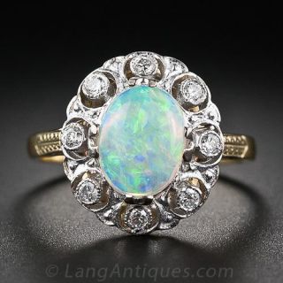 Antique Style Opal and  Diamond Cluster Ring