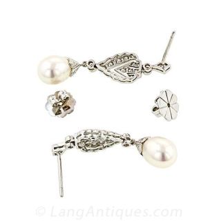 Antique Style Pearl and Diamond Drop Earrings