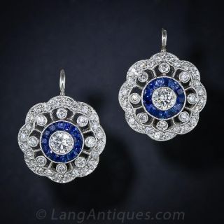 Antique Style Platinum Diamond and Calibre Sapphire Earrings