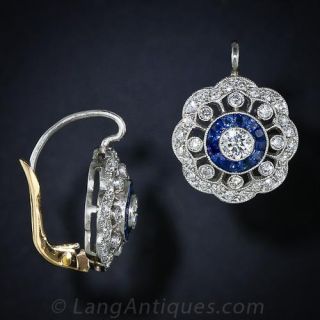 Antique Style Platinum Diamond and Calibre Sapphire Earrings