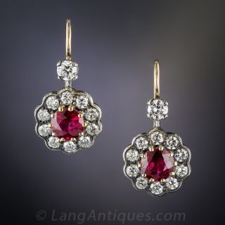 Antique Style Ruby and Diamond Drop Earrings