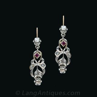 Antique Style Ruby and Diamond Earrings Main View