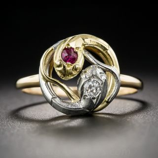 Antique Tri-Color Ruby and Diamond Snake Ring