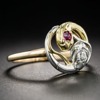 Antique Tri-Color Ruby and Diamond Snake Ring
