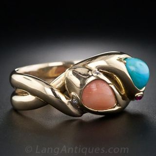 Antique Turquoise and Coral Snake Ring