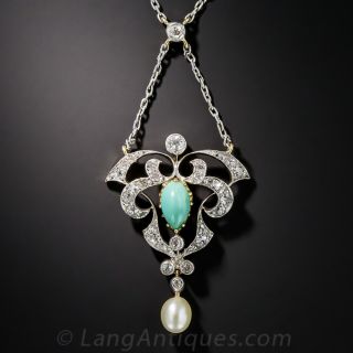Antique Turquoise, Natural Pearl and Diamond Necklace