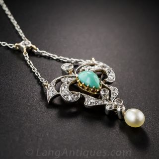 Antique Turquoise, Natural Pearl and Diamond Necklace