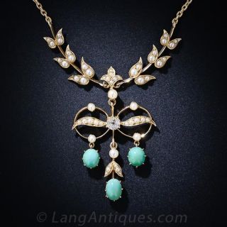 Antique Turquoise,  Pearl and Diamond Necklace - 2