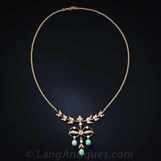 Antique Turquoise,  Pearl and Diamond Necklace
