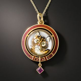 Antique Viennese Reverse Crystal Cat Pendant 