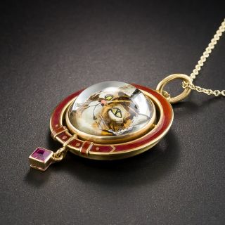 Antique Viennese Reverse Crystal Cat Pendant 