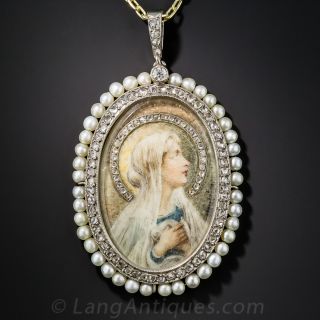 Antique Virgin Mary Diamond and Pearl Necklace
