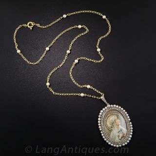 Antique Virgin Mary Diamond and Pearl Necklace