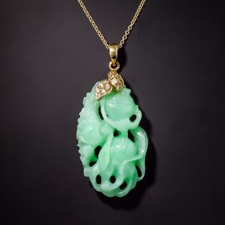 Estate Apple Jade Carving with Diamond Cap Pendant - 1