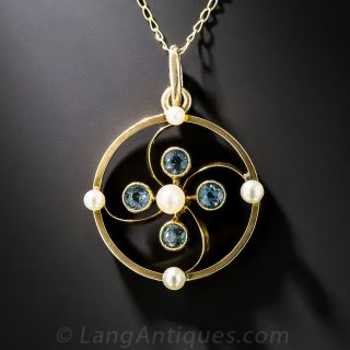 Aquamarine and Pearl Circle Pendant