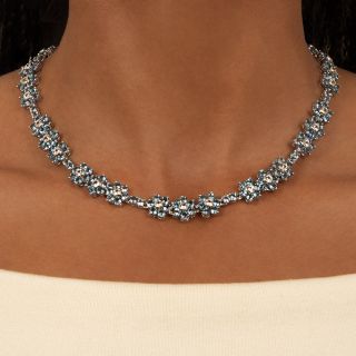 Aquamarine and White Sapphire Flower Necklace