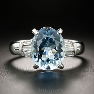Aquamarine, Baguette Diamond and  Platinum Ring