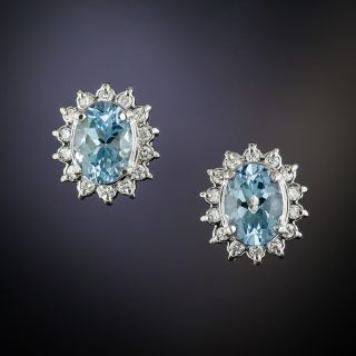 Small Aquamarine Platinum Diamond Halo Earrings - 2