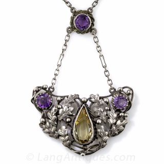 Art & Crafts Sterling Silver, Citrine and Amethyst Necklace