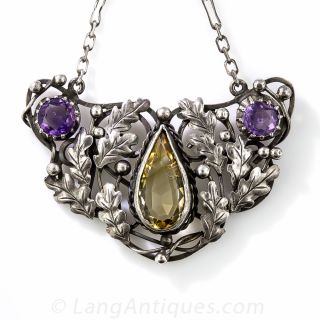Art & Crafts Sterling Silver, Citrine and Amethyst Necklace