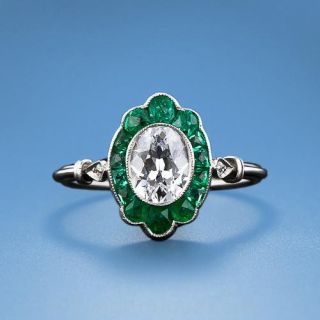 Art Deco 1.00 ct. Oval Diamond and Emerald Ring