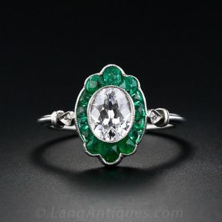 Art Deco 1.00 ct. Oval Diamond and Emerald Ring