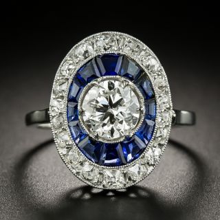Art Deco 1.05 Carat Diamond and Sapphire Halo Ring - GIA F VS1 - 2