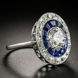 Art Deco 1.05 Carat Diamond and Sapphire Halo Ring - GIA F VS1