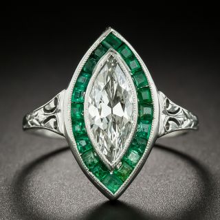 Art Deco 1.10 Marquise Diamond and Calibre Emerald Ring - 3