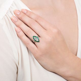 Art Deco 1.10 Marquise Diamond and Calibre Emerald Ring
