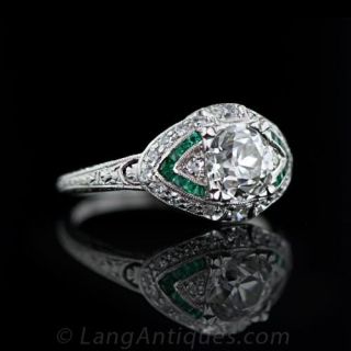 Art Deco 1.11 Carat Diamond and Emerald Engagement Ring
