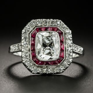 Art Deco 1.15 Carat Antique Cushion-Cut Diamond and Ruby Ring - GIA F VS2 - 2