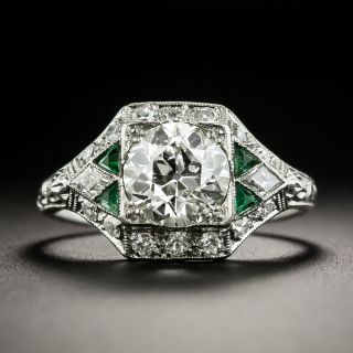 Art Deco 1.23 Carat Diamond and Emerald Engagement Ring - GIA N SI2 - 1